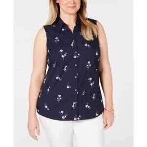 NEW CHARTER CLUB LUXURY button up sleeveless top - plus in intrepid blue combo